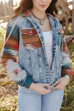 Load image into Gallery viewer, Multicolor Aztec Print Frayed Hem Denim Jacket
