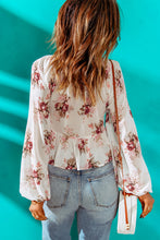 Load image into Gallery viewer, Beige V Neck Balloon Sleeve Twist Front Floral Blouse
