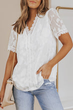 Load image into Gallery viewer, Jacquard Lace Crochet Contrast V Neck T Shirt
