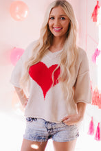 Load image into Gallery viewer, Beige V-neck Dropped Sleeve Heart Print Slouchy Shift Sweaters
