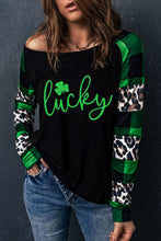 Load image into Gallery viewer, Lucky Clover Glitter Pattern Leopard Plaid Splicing Top
