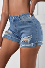 Load image into Gallery viewer, Distressed Ripped Rolled Hem Sky Blue Denim Shorts
