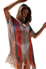 Load image into Gallery viewer, Multicolor Striped Tassel Crochet V Neck Beach Cover Up
