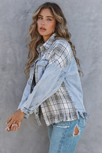 Load image into Gallery viewer, Plaid Patchwork Fringed Flap Pockets Denim Jacket
