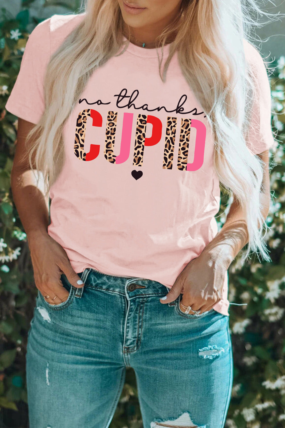 CUPID Letter Leopard Print Short Sleeve Graphic T Shirt