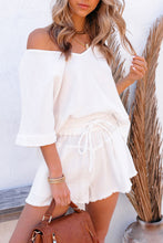 Load image into Gallery viewer, Relaxed V Neck Blouse and Drawstring Raw Hem Shorts Set
