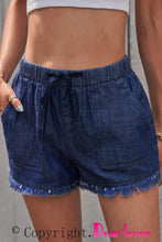 Load image into Gallery viewer, Dark Blue Casual Pocketed Frayed Denim Shorts
