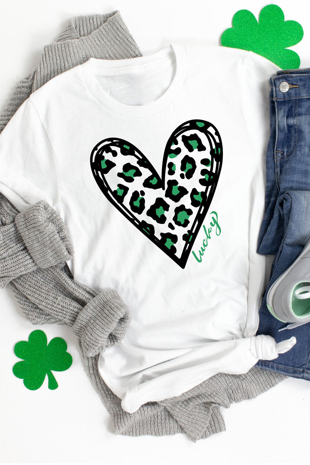 Lucky Leopard Heart Print St Patricks Day T Shirt