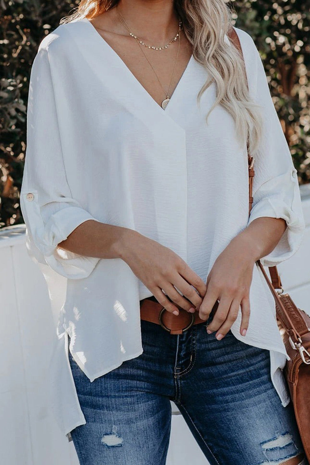 V Neck 3/4 Sleeve High Low Hem Shirt