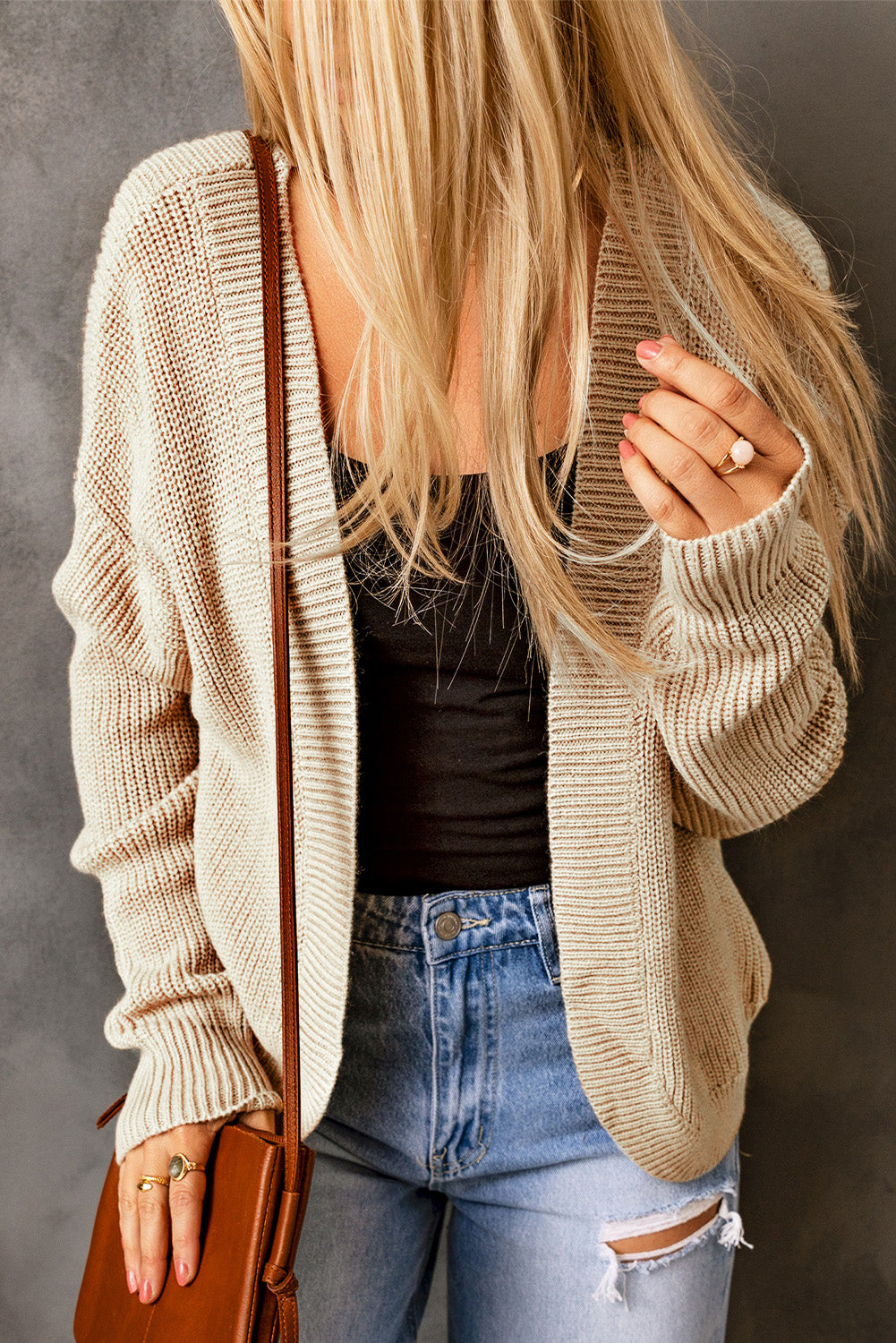 Drop Shoulder Open Front Knitted Cardigan