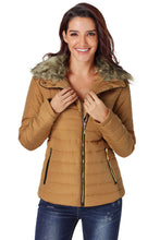 Load image into Gallery viewer, Camel Faux Fur Collar Trim Black Quilted Jacket
