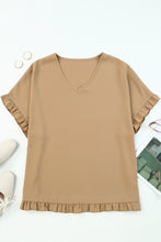 Load image into Gallery viewer, Khaki Ruffle Trim Short Sleeve Oversize Blouse
