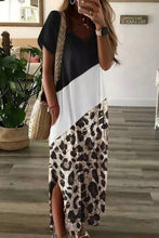 Load image into Gallery viewer, Leopard Color Block Side Slit T Shirt Maxi Dress
