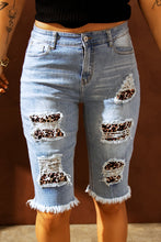Load image into Gallery viewer, Mid-rise Ripped Leopard Patches Denim Bermuda Shorts
