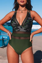 Load image into Gallery viewer, Army Green Camo Patchwork One Piece Swimsuit
