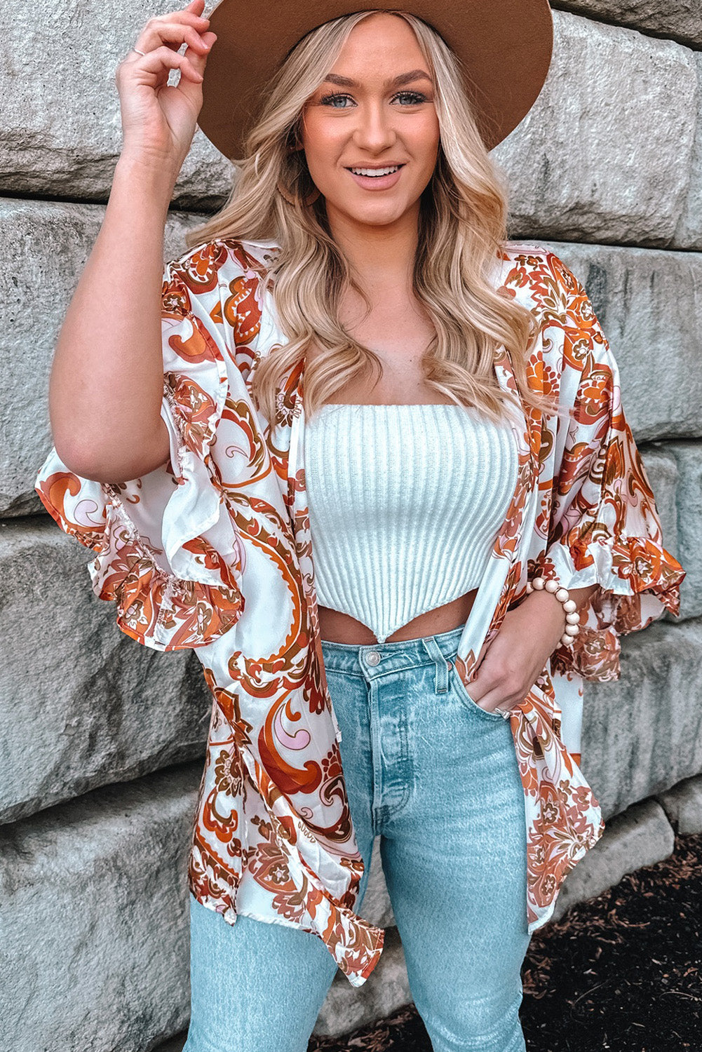 Draped Paisley Print Open Front Overlay Top with Ruffles
