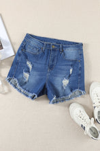 Load image into Gallery viewer, Dark Blue Frayed Hem Denim Shorts
