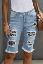 Load image into Gallery viewer, Mid-rise Ripped Leopard Patches Denim Bermuda Shorts
