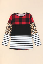 Load image into Gallery viewer, Plaid Print Leopard Splicing Striped Color Block Long Sleeve Top
