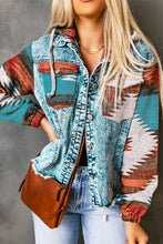 Load image into Gallery viewer, Multicolor Aztec Print Frayed Hem Denim Jacket
