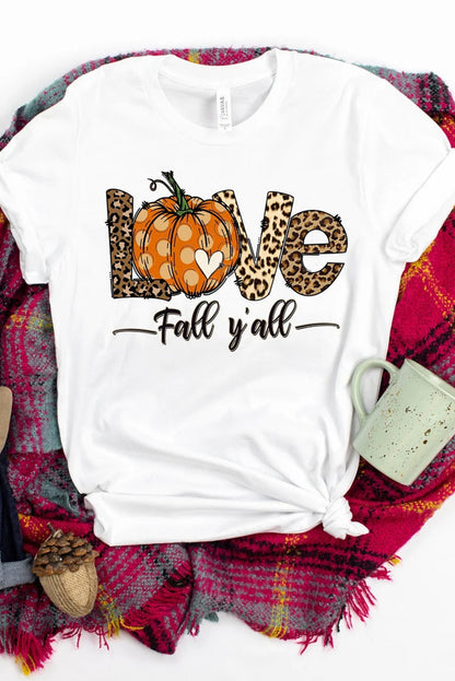 White LOVE Leopard Pumpkin Graphic Print Crew Neck T Shirt