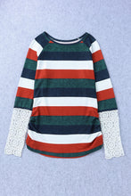 Load image into Gallery viewer, Green Striped Lace Splicing Long Sleeve Top
