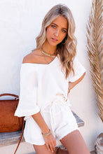 Load image into Gallery viewer, Relaxed V Neck Blouse and Drawstring Raw Hem Shorts Set
