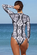 Load image into Gallery viewer, Snake Print Zipper Cut-out Rash Guard Swimsuit
