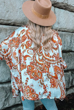 Load image into Gallery viewer, Draped Paisley Print Open Front Overlay Top with Ruffles

