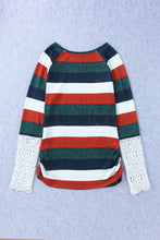 Load image into Gallery viewer, Green Striped Lace Splicing Long Sleeve Top
