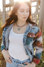 Load image into Gallery viewer, Multicolor Aztec Print Frayed Hem Denim Jacket
