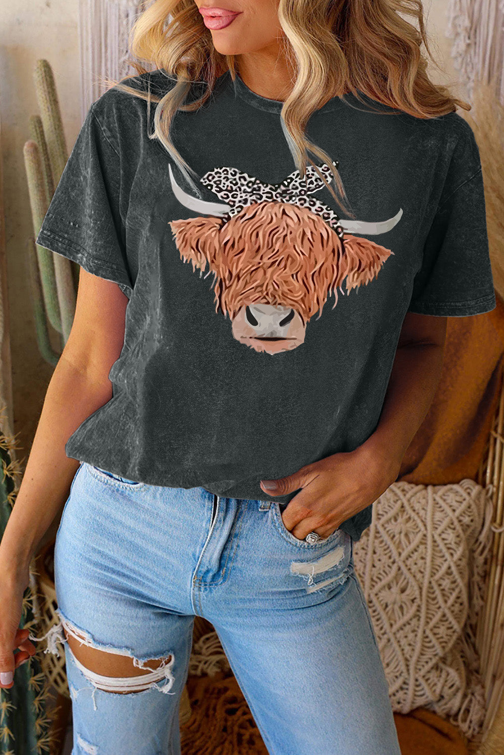 Western Cow Head Print Short Sleeve Casual T Shirt