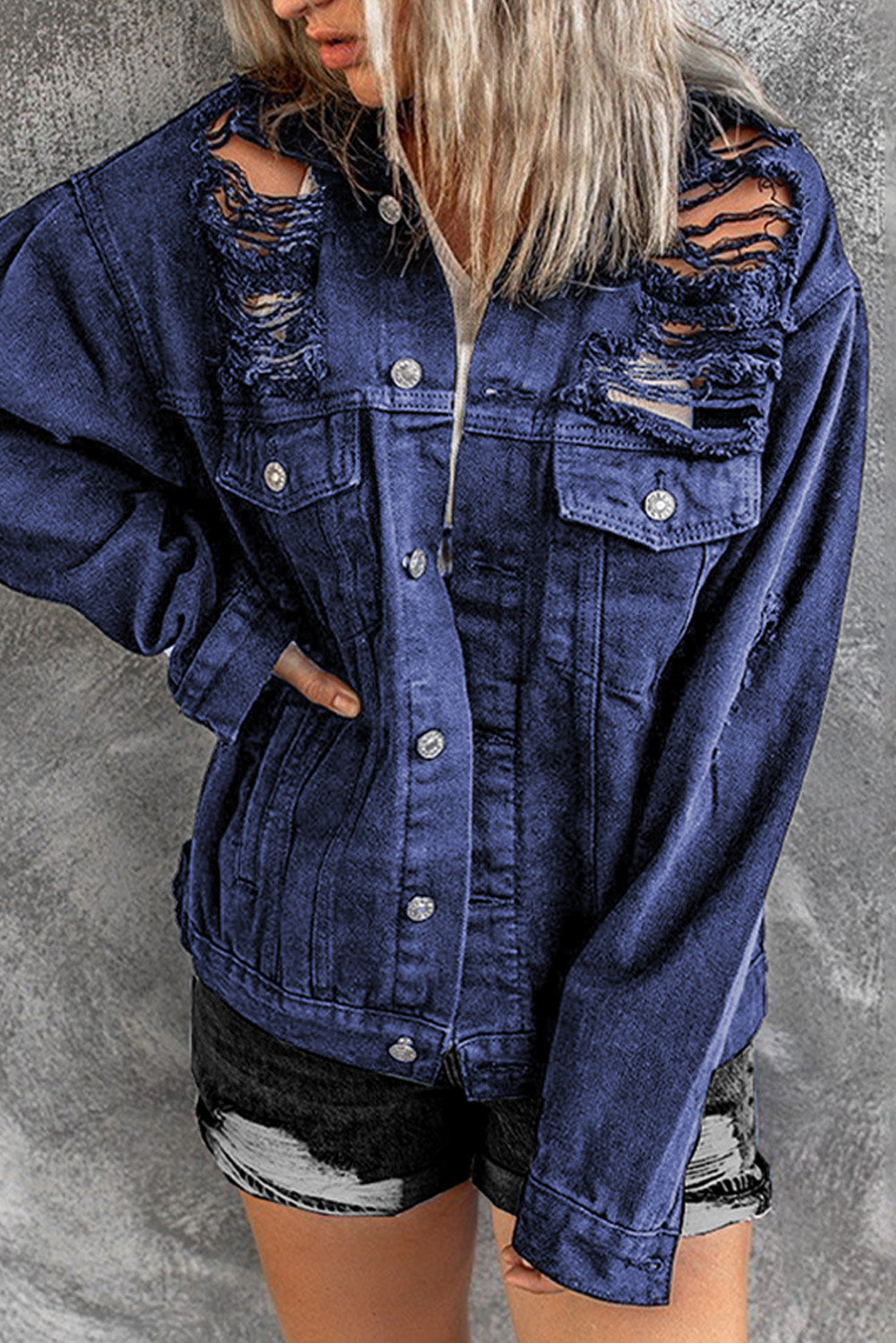 Distressed Buttons Chest Pockets Denim Jacket