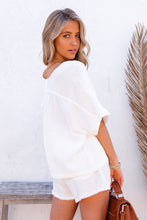 Load image into Gallery viewer, Relaxed V Neck Blouse and Drawstring Raw Hem Shorts Set
