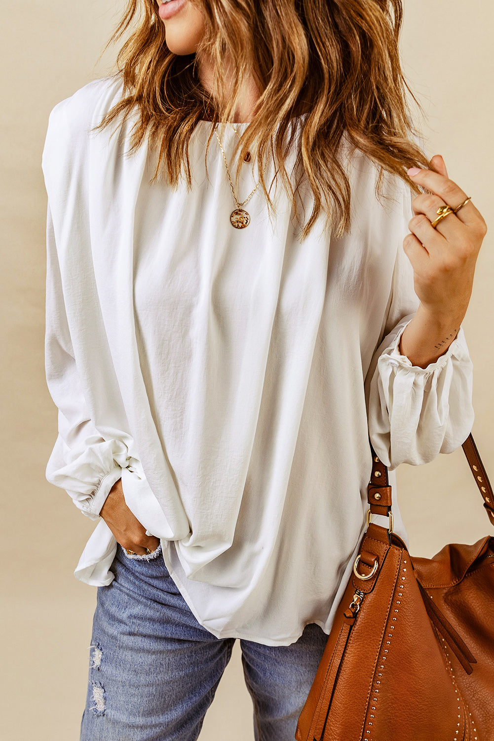 Crew Neck Billowy Sleeve Blouse