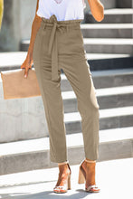 Load image into Gallery viewer, Khaki Casual Paperbag Waist Straight Leg Pants with Belt
