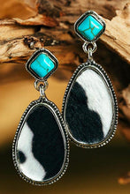 Load image into Gallery viewer, Cow Print Turquoise Drop Earrings
