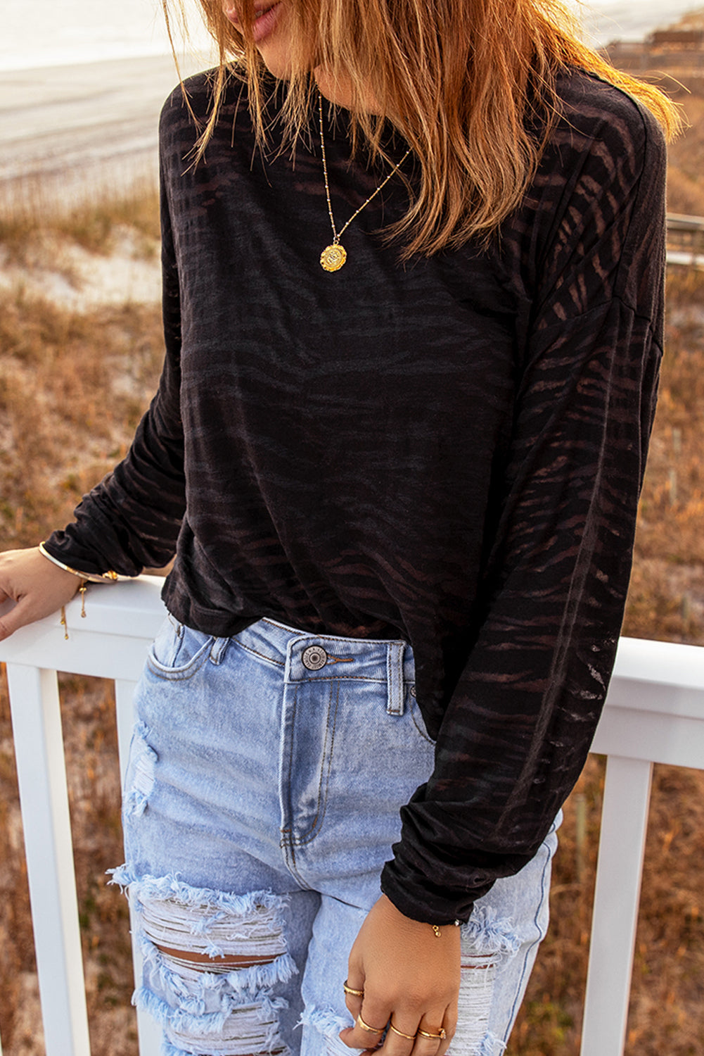 Zebra Print Drop Shoulder Long Sleeve Top