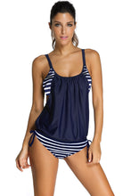 Load image into Gallery viewer, Navy Layered-Style Striped Tankini with Triangular Briefs
