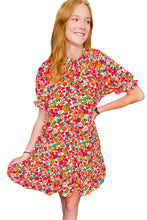 Load image into Gallery viewer, Multicolor Floral Print Frill Mock Neck Bubble Sleeve Dress
