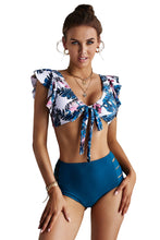 Load image into Gallery viewer, Palm Leaf Print Front Tie High Waist Bikini Swimsuit with Ruffles
