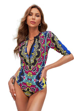 Load image into Gallery viewer, Abstract Print Zip Front Half Sleeve One Piece Swimsuit
