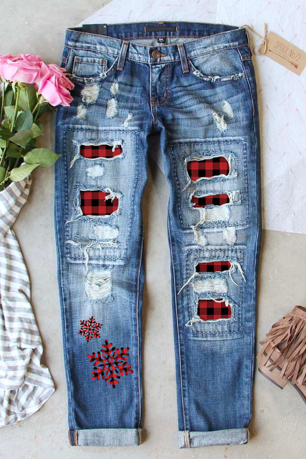 Plaid Snowflake Distressed Patchwork Jeans