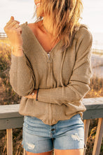 Load image into Gallery viewer, Khaki Zipper V-neck Dropped Sleeve Hooded Solid Sweater
