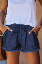 Load image into Gallery viewer, Dark Blue Casual Pocketed Frayed Denim Shorts
