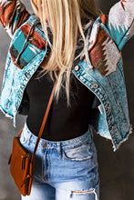 Load image into Gallery viewer, Multicolor Aztec Print Frayed Hem Denim Jacket
