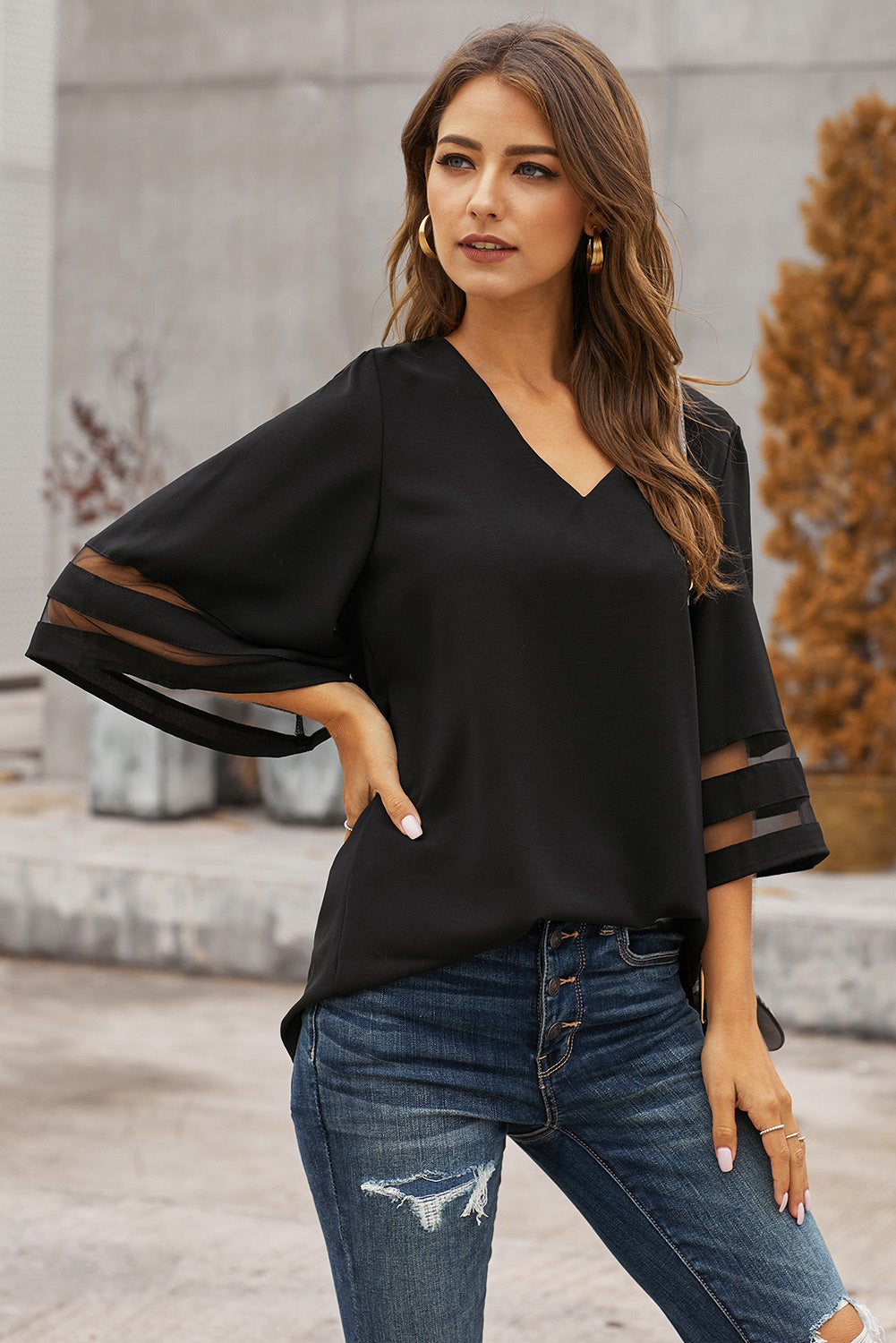 Flare Sleeve V Neck Loose Blouse