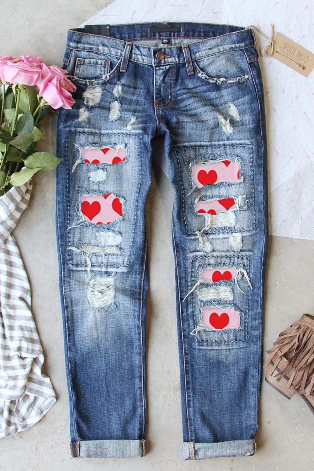 Valentine's Day Heart Patchwork Distressed Jeans