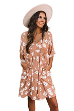 Load image into Gallery viewer, Khaki V Neck Floral Babydoll Dress with Pockets
