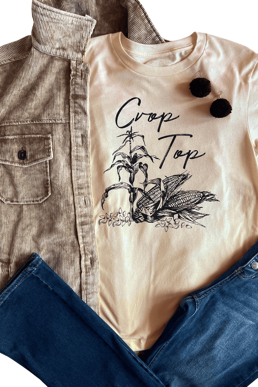 Khaki Crop Top Corn Plant Graphic Print T Shirt